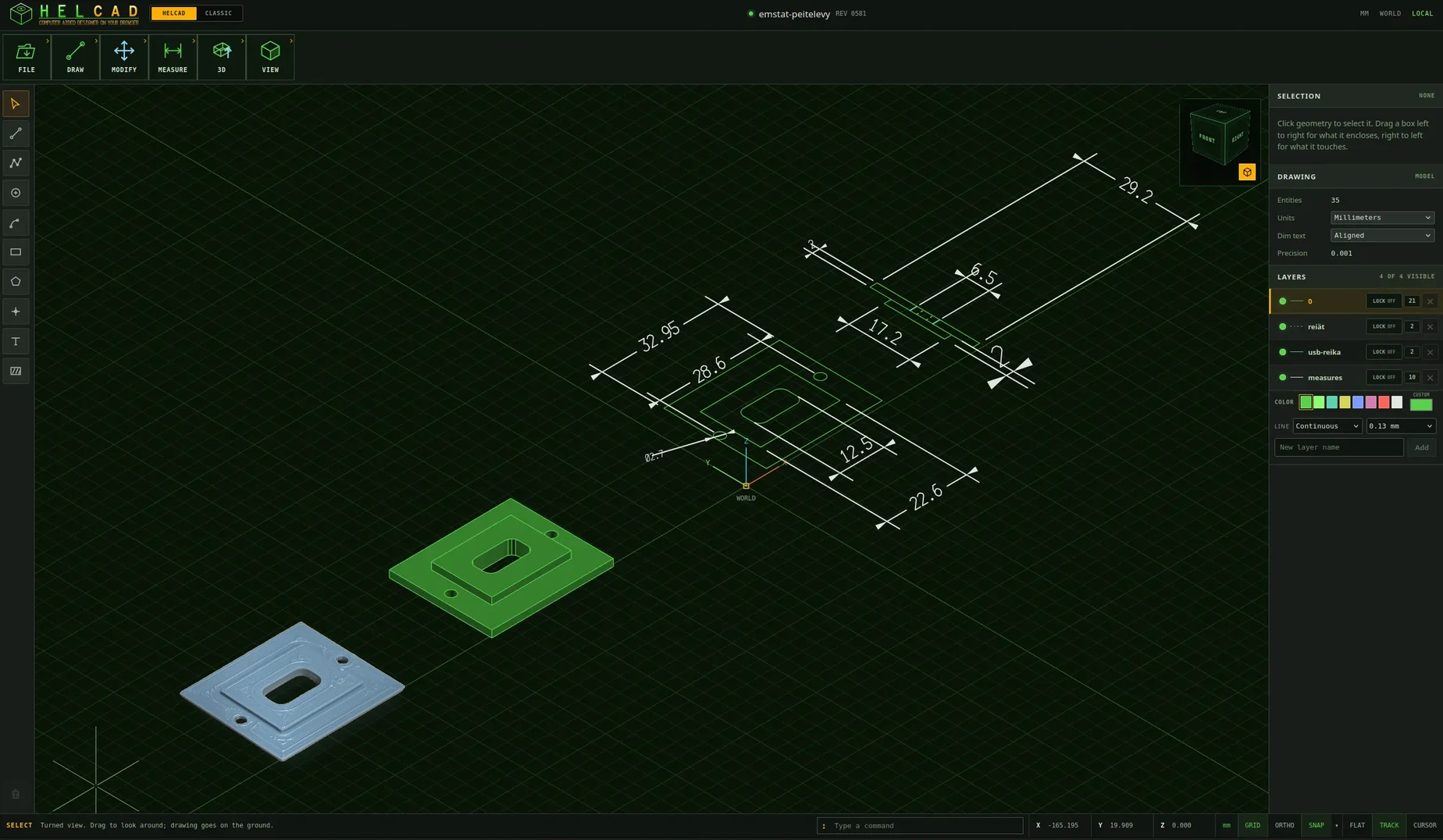 HelCAD workspace: a dimensioned cover plate in a turned 3D view, with the printed part beside the model