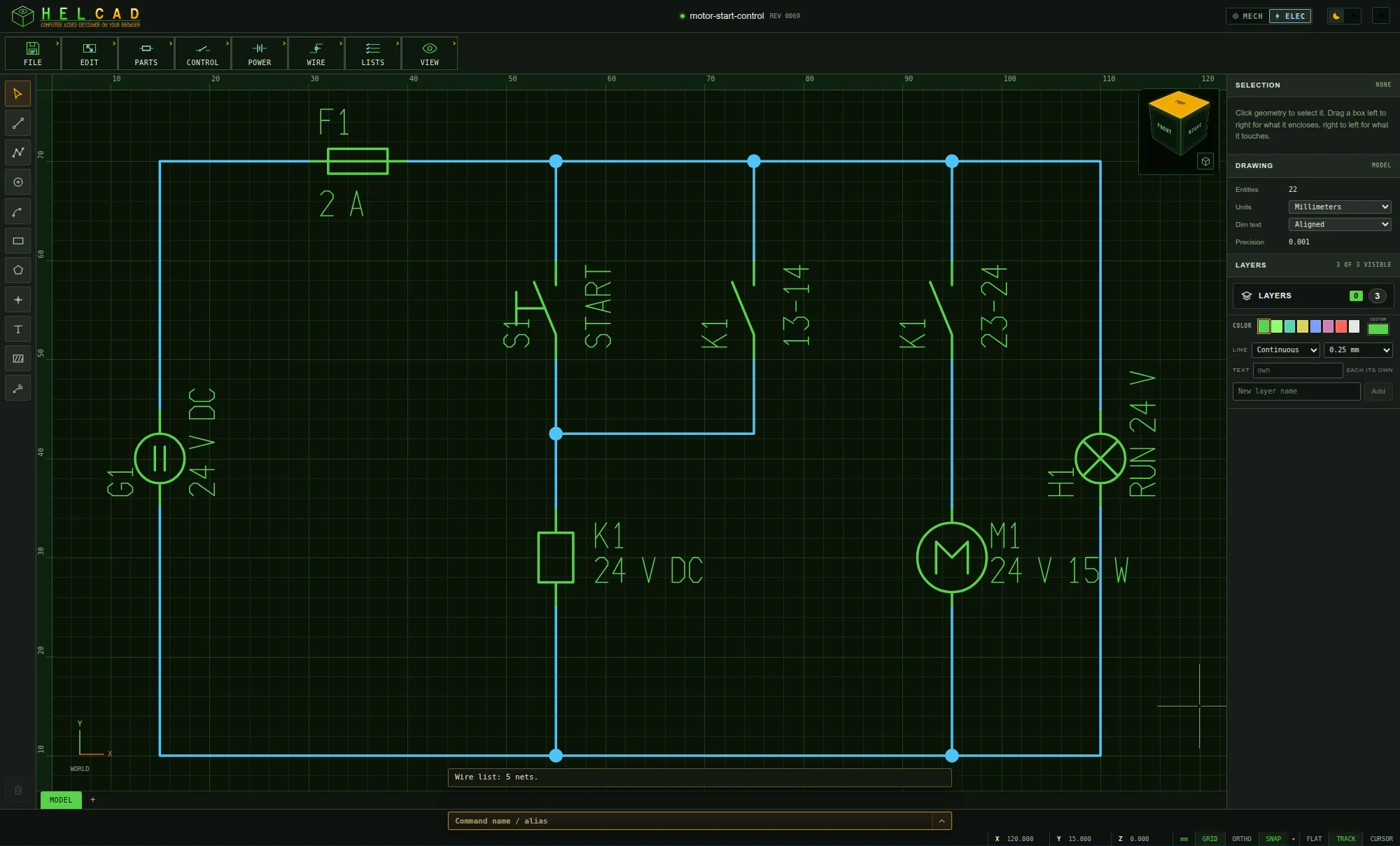 HelCAD's electrical bench: a relay start circuit with a 24 V source, fuse, start button, relay coil, latching and main contacts, a motor and a run lamp, every part designated and rated, the wires joined with dots
