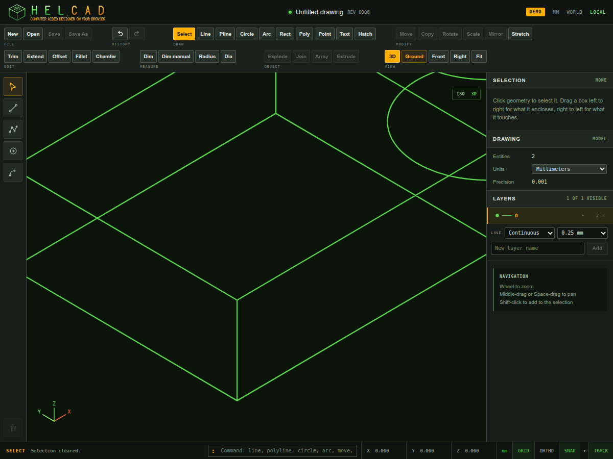 HelCAD isometric wireframe view of an extruded mechanical profile
