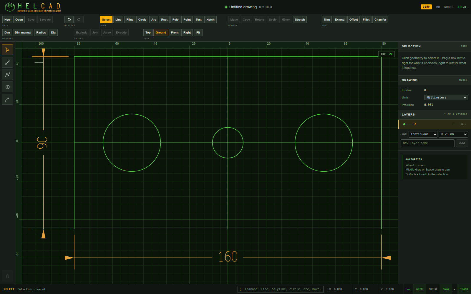 HelCAD workspace showing a dimensioned mechanical plate drawing